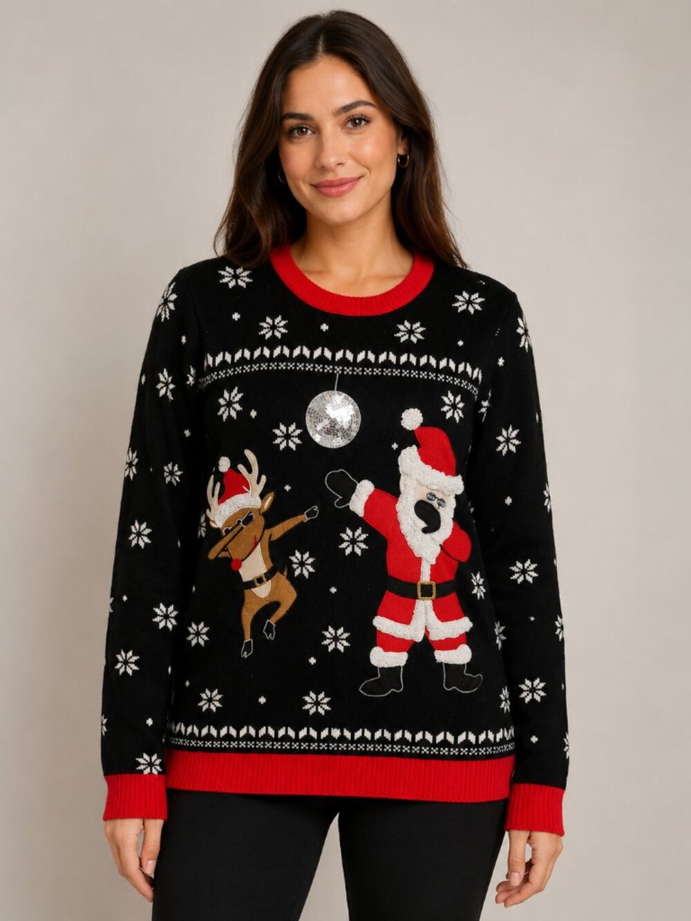 Jolly Sweaters Santa Reindeer Dabbing Ugly Christmas Sweater Black Red L - Picture 1 of 6